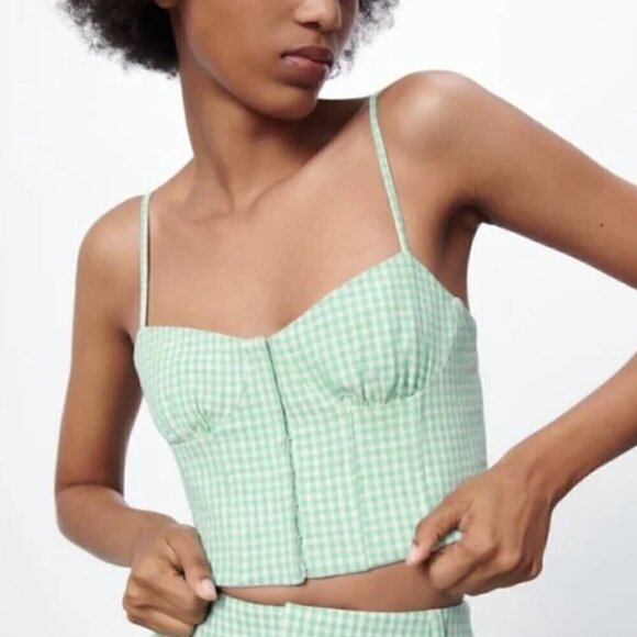 Zara Gingham Corset Bustier Top M Plaid Hook Spring Summer Blogger Fav Mint Trip - Picture 6 of 12